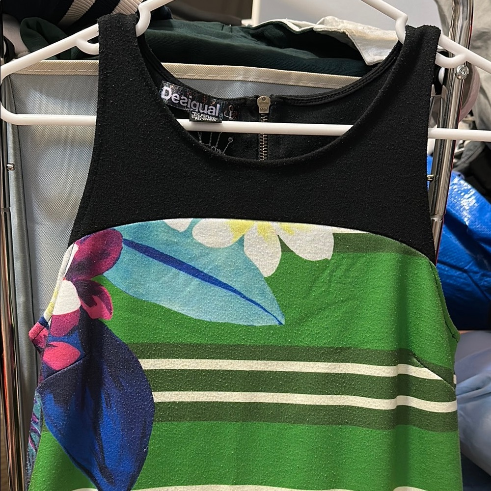 Desigual Black and Green Graphic Tank Dress with Floral Print